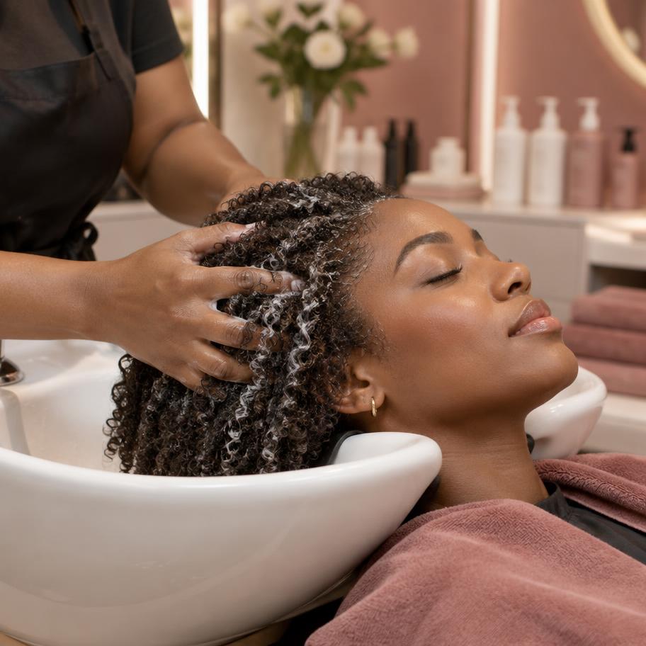 A client receiving a conditioning treatment at the shampoo bowl